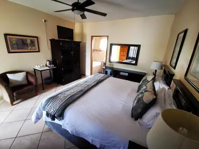 a bedroom with a large bed with a ceiling fan at Batter Boys Guest House in Pretoria