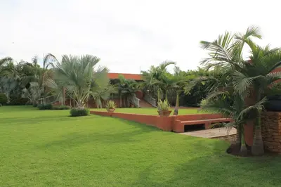 a park with a bench and palm trees and a building at Batter Boys Guest House in Pretoria