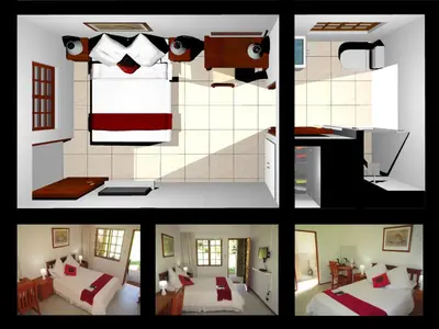 a group of four pictures of a bedroom at African Footprints Lodge in Midrand
