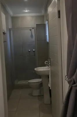 a bathroom with a shower and a toilet and a sink at Millennium Body Guards Guesthouse in Hartbeespoort