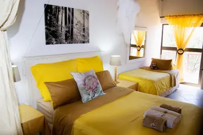 a bedroom with two beds with yellow sheets at Baobab - NUDE - SunEden Family Naturist Resort in Pretoria