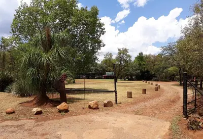a park with a tree and rocks next to a fence at Die Plasie Two-Bedroom Flat in Hartbeespoort