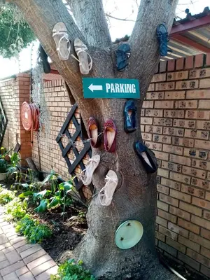 a tree with shoes and a sign on it at Ridderspoor Guesthouse in Middelburg