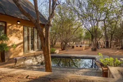 a house with a swimming pool in front of a yard at Warthogs Rest in Hoedspruit