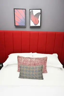 a red padded headboard of a bed with a pillow at Serurubele Boutique Hotel in Bushbuckridge