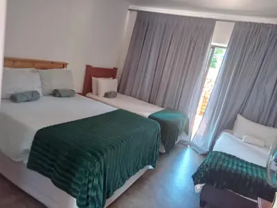 a hotel room with two beds and a window at Woodpecker Guesthouse Middelburg Mpumalanga in Middelburg