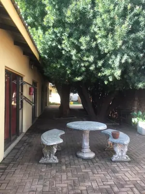 a table and benches on a brick walkway with a tree at Woodpecker Guesthouse Middelburg Mpumalanga in Middelburg