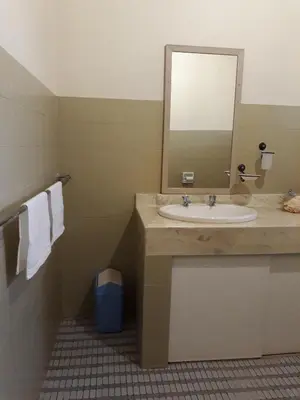 a bathroom with a sink and a mirror at Die Plasie on-suite rooms in Hartbeespoort