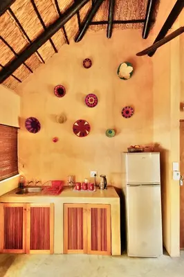 a kitchen with a refrigerator and some plates on the wall at Hyenas Call in Marloth Park
