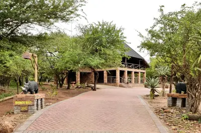 a brick walkway in front of a building with statues of animals at Rhinos Rest in Marloth Park