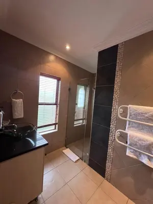 a bathroom with a shower and a sink at Bohemian Guesthouse - Pretoria in Pretoria