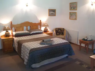 a bedroom with a large bed and a chair at Oaktree Lodge Guest House in Kyalami