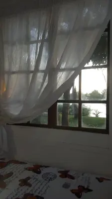 a bedroom with a window with a bed and a curtain at Hippo Retreat & Tiger Fishing Komatipoort in Komatipoort