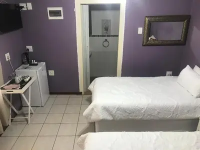a bedroom with two beds and a sink and a mirror at Ankuweni Guest house in Giyani