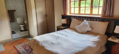 a bedroom with a bed with a window and a toilet at Field and Stream in Dullstroom