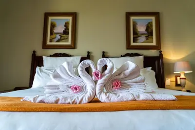 two towels shaped like swans sitting on a bed at Gooderson Kloppenheim Country Estate in Machadodorp