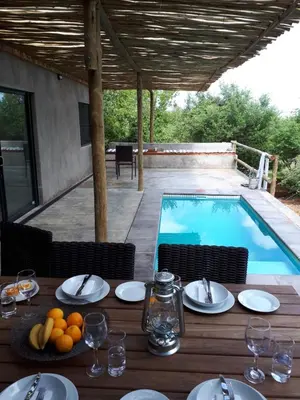 a table with plates of food next to a swimming pool at Kruger Willows in Marloth Park