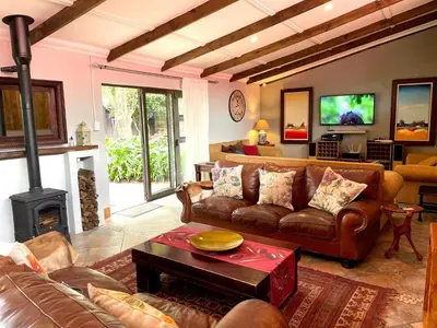 a living room with a couch and a fireplace at Van De Poll House in Dullstroom