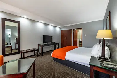 a hotel room with a bed and a television at African Sky Ermelo Inn in Ermelo