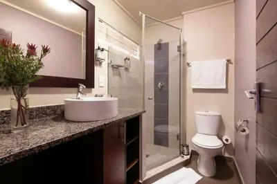 a bathroom with a sink and a toilet and a shower at Absolute Farenden Apartments in Pretoria