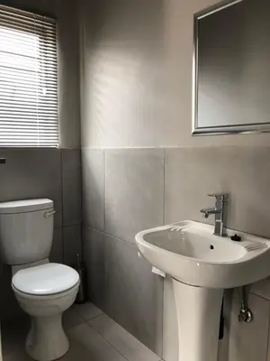 a bathroom with a white toilet and a sink at Odelia Guest House in Mokopane
