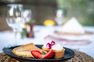 a plate of toast with strawberries and whipped cream at Rafiki Bush Lodge in Hoedspruit
