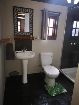 a bathroom with a toilet and a sink and a mirror at Treur River Lodge in Moremela
