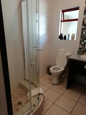 a bathroom with a shower and a toilet at Rustic Butler B&B in White River