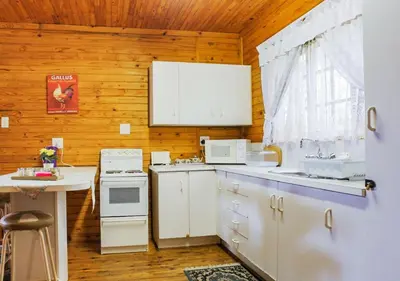 a kitchen with white appliances and a wooden wall at Impala Niezel Lodge & Guest House in Hazyview