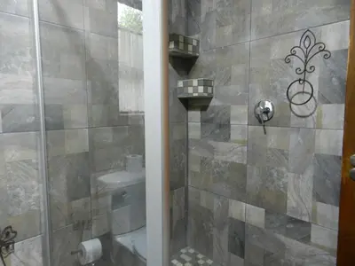 a bathroom with a shower with a toilet and a sink at BUFFALO in Marloth Park