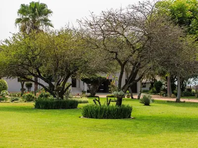 a park with trees and grass and a house at Naledi@53 Private Game Farm in Brits