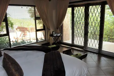 a bedroom with two beds and large windows at Itaga View, Mabalingwe in Mabula