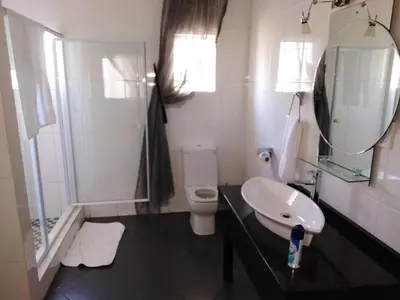 a bathroom with a sink and a shower and a toilet at Big Ben Lodge in Polokwane