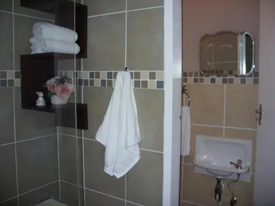 a bathroom with a sink and a shower with towels at Little Umhlanga in Pretoria