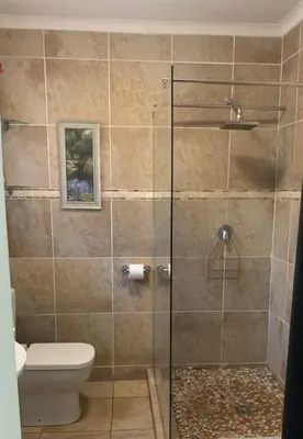 a bathroom with a glass shower with a toilet at Shala Mushe Tented Camp & Camp in Bela-Bela