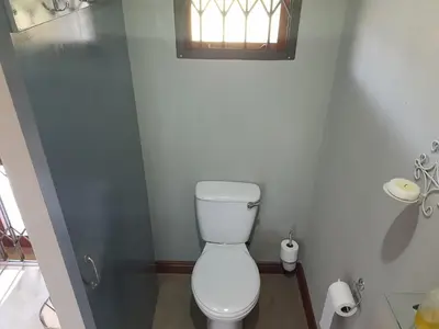 a white toilet in a bathroom with a window at El-Ruze in Baviaanspoort