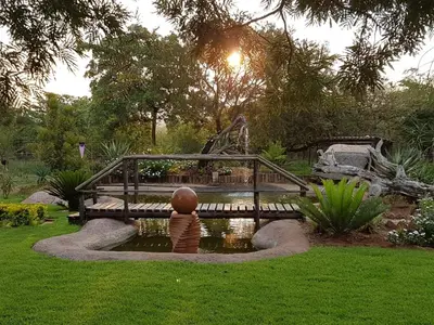 a wooden bridge over a pond in a garden at Buffalo Ranch Game Lodge in Groblersdal