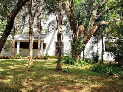 a white house with trees in front of it at Windsor Cottage in Barberton
