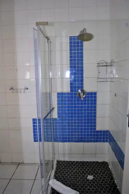 a bathroom with a shower with blue and white tiles at Lapologa Bed & Breakfast in Tzaneen