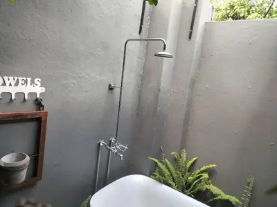 a shower in a bathroom with a sink at Brooks Cottage in Pretoria