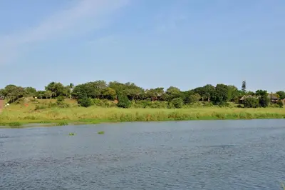 a river with grass and houses in the background at Elephant Walk Retreat in Komatipoort