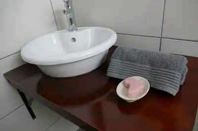 a bathroom with a sink on a wooden table at Adonsonia Lodge in Grietjie Nature Reserve