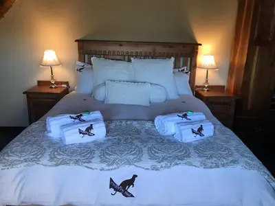 a white bed with two cats on top of it at Lodge Twentyfour Mabalingwe Nature Reserve in Warmbaths