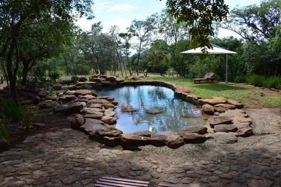a pond with rocks and a bench in a park at Sekala Private Game Lodge in Welgevonden Game Reserve