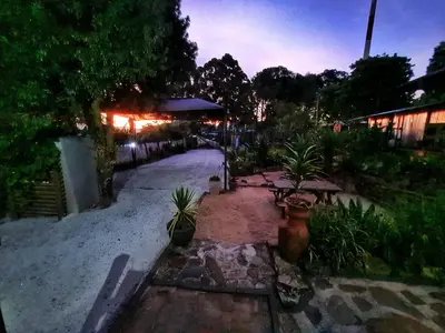 a garden at night with trees and a building at The Elements in Graskop