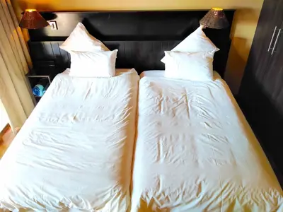 two beds sitting next to each other in a room at Zebula Luxury Lodge in Mabula