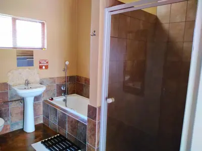 a bathroom with a shower and a sink at Zebula Luxury Lodge in Mabula