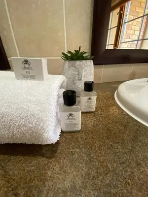 a bathroom with two bottles of lotion and a sink at Kruger Park Lodge, Kubu Lodge 224 in Hazyview