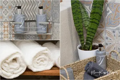 a collage of pictures with towels and a plant at Lowveld Living Guesthouse in Nelspruit