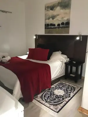 a bedroom with a bed with a red blanket and a rug at Francor Guesthouse in Pretoria
